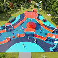 Colorful Children's Playground With Red Blue Structures Slides Climbing Elements Green Trees And Grass