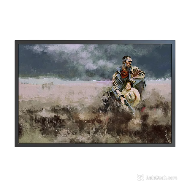 Cowboy Portrait Painting With Man Sitting In Grassy Field And Distant Horse 3d model 