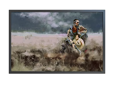 Cowboy Portrait Painting With Man Sitting In Grassy Field And Distant Horse 3d model