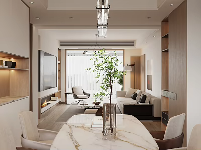 Modern Living and Dining Room Interior With Marble Table Chairs Sofa And Decorative Plant 3d model