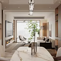 Modern Living and Dining Room Interior With Marble Table Chairs Sofa And Decorative Plant