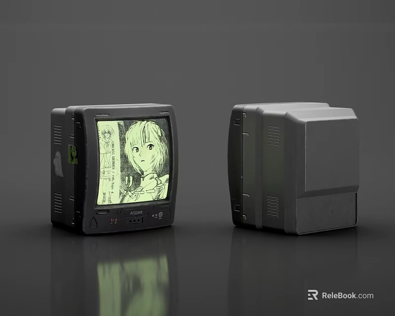 Black And Gray TV Sets With Animated Character Display And Side View On Glossy Surface 3d model 