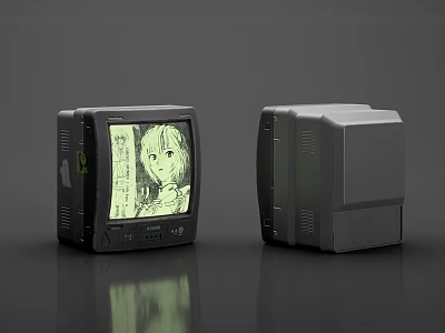 Black And Gray TV Sets With Animated Character Display And Side View On Glossy Surface 3d model