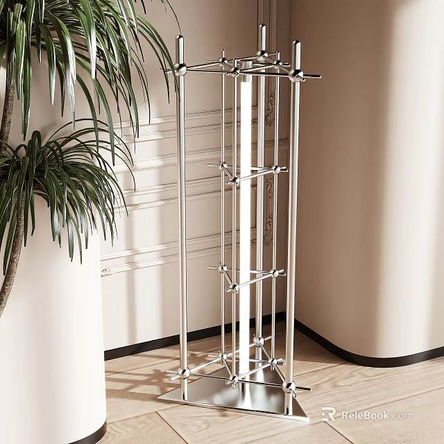 Modern Metal Floor Lamp with Geometric Structure Near Green Plant on Wooden Floor 3d model 