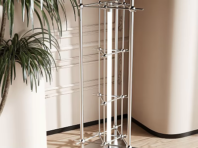 Modern Metal Floor Lamp with Geometric Structure Near Green Plant on Wooden Floor 3d model