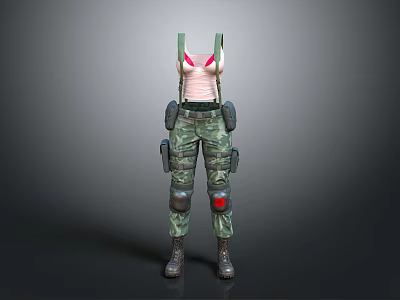 Camouflage Tactical Clothing Set With Knee Pads Boots Red Suspenders And White Top 3d model