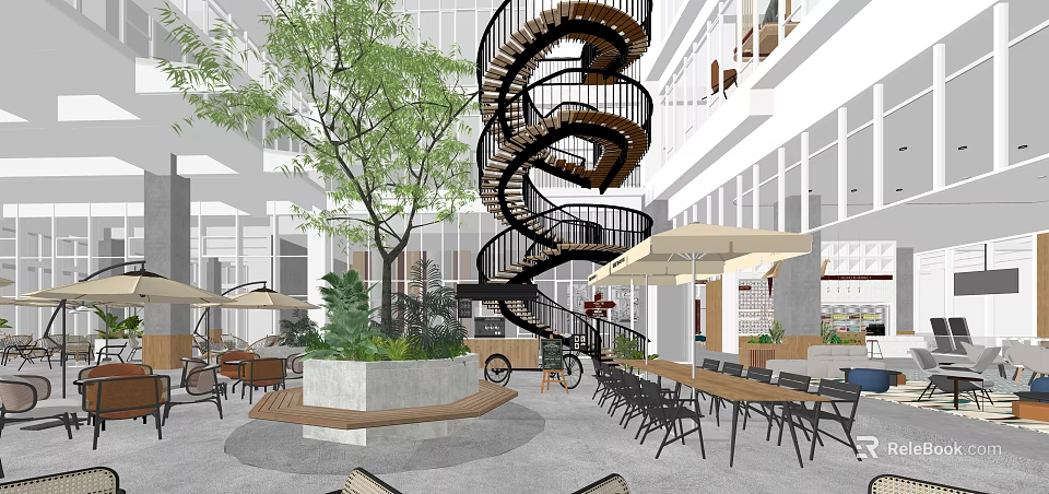 Shopping Mall Lobby Interior With Spiral Staircase Green Plants Outdoor Seating And Umbrellas 3d model 