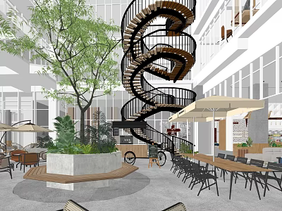 Shopping Mall Lobby Interior With Spiral Staircase Green Plants Outdoor Seating And Umbrellas 3d model