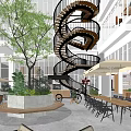 Shopping Mall Lobby Interior With Spiral Staircase Green Plants Outdoor Seating And Umbrellas