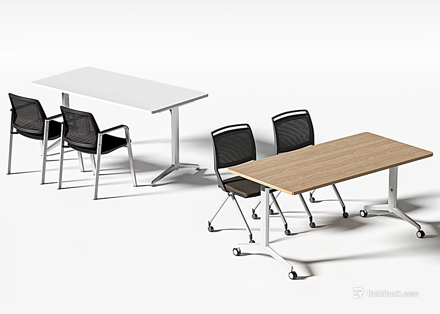 Modern Office Conference Tables With White And Wooden Tops And Black Mesh Chairs 3d model 