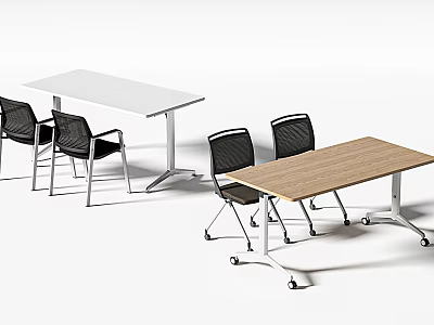 Modern Office Conference Tables With White And Wooden Tops And Black Mesh Chairs 3d model