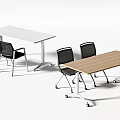 Modern Office Conference Tables With White And Wooden Tops And Black Mesh Chairs