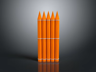 Five Orange Pencils Neatly Arranged With White Bands On Gray Gradient Background With Reflection 3d model