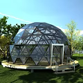 Transparent Glass Dome Glamping Guesthouse With Geometric Metal Frame Green Lawn And Trees