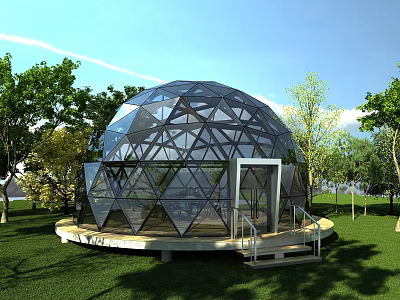 Transparent Glass Dome Glamping Guesthouse With Geometric Metal Frame Green Lawn And Trees 3d model