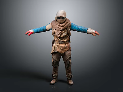 Hooded Person In Brown Outfit With Blue Sleeves Goggles Red Gloves And Outstretched Arms 3d model