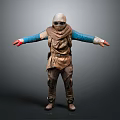 Hooded Person In Brown Outfit With Blue Sleeves Goggles Red Gloves And Outstretched Arms