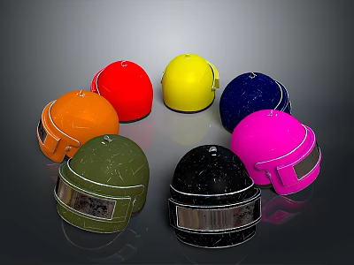 Colorful Tactical Weapon Helmets with Transparent Visors Arranged in Circle 3d model