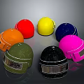 Colorful Tactical Weapon Helmets with Transparent Visors Arranged in Circle