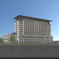 Modern Office Building Exterior with Glass Facade Multiple Floors Landscaped Surroundings and Parking Area