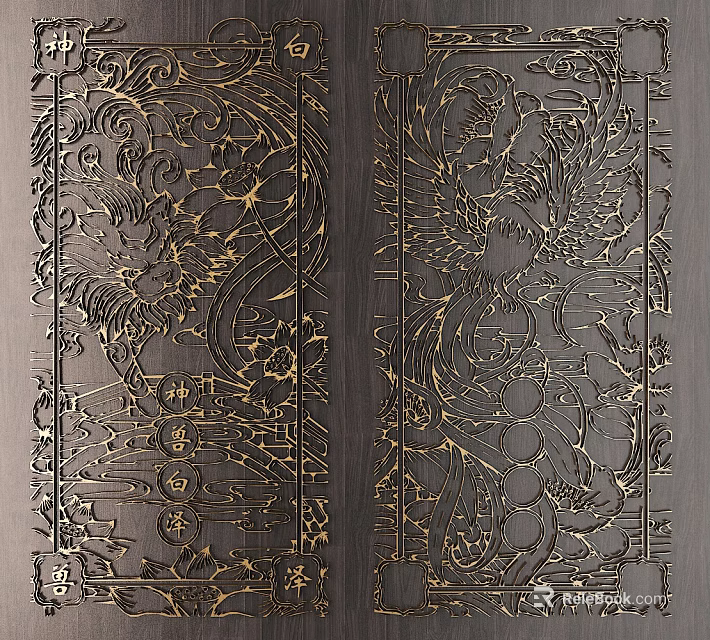 Intricate Traditional Carved Patterns With Floral And Bird Motifs In Golden Accents 3d model 