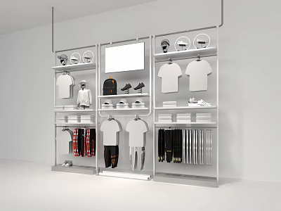 Modern Retail Display Rack with Hanging Clothing Shirts Pants Shoes Bags and Hats 3d model