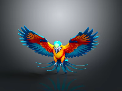 Vibrant Blue And Orange Parrot Spreading Wings Flying In Studio With Gray Background 3D Render 3d model