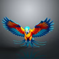 Vibrant Blue And Orange Parrot Spreading Wings Flying In Studio With Gray Background 3D Render