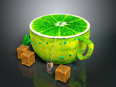 Lemon Shaped Mug With Brown Sugar Cubes And Fresh Mint Leaves 3d model