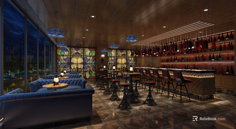 Modern Bar Interior with Stained Glass Windows Bar Counter Seating and Pendant Lights 3d model 
