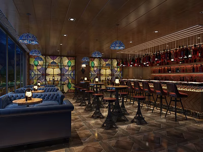Modern Bar Interior with Stained Glass Windows Bar Counter Seating and Pendant Lights 3d model