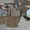 Industrial Style Cafe Interior With Open Layout Wooden Walls Curved Booths And Round Pendant Lights