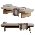 Modern Beige Fabric Ottoman Bench With Wooden Legs And Striped Throw Blanket