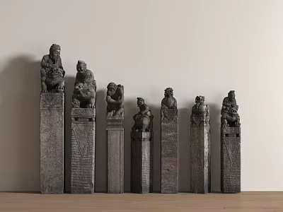 Antique Carved Stone Columns With Various Statues On Top In Indoor 3d model