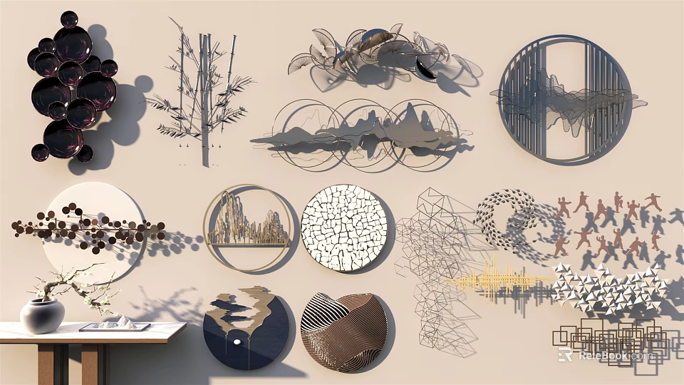 Modern Artistic Wall Decor With Circular Shapes Mountain Patterns And Abstract Lines 3d model