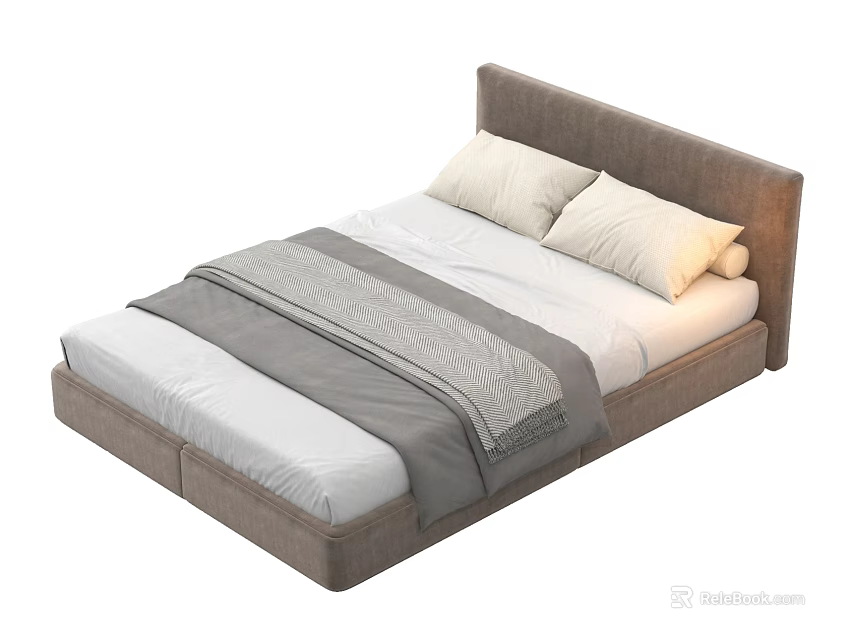 Modern Minimalist Single Bed With Gray Headboard White Mattress Gray Blanket And Pillows 3d model 