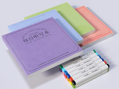 Colorful Daily Dictation Notebooks With Assorted Covers And Colored Markers 3d model