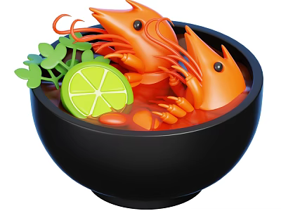 Delicious Spicy Soup With Fresh Shrimp Lime Wedge And Coriander In Bowl 3d model