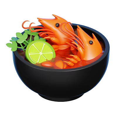 Delicious Spicy Soup With Fresh Shrimp Lime Wedge And Coriander In Bowl 3d model