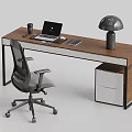 Modern Desk And Chair Set With Wooden Tabletop Black Metal Frame Laptop And Lamp