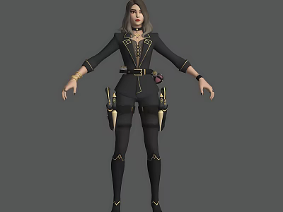 Woman Standing In Pose With Black Outfit Gold Accents Belt And Leg Gear 3d model