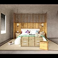Hotel Room with Gray Walls Shutter Windows Wooden Headboard Green Patterned Blanket and Colorful Cushions