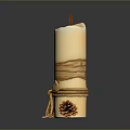 White Decorative Candle With Twine Wrapped Design And Pinecones At Base