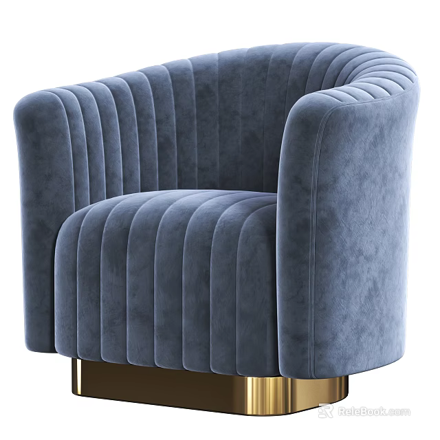Modern Blue Velvet Armchair With Vertical Tufted Design And Gold Metal Legs 3d model 