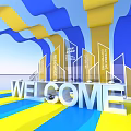 Popular Photo Spot With Blue Yellow Wave Decorations WELCOME Sign And Striped Floor