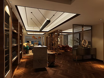 Luxury Warm Office Interior Design With Wooden Partitions And Built In Wine Bar Space 3d model