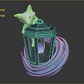 White Fox Character Resting On Dark Blue Lantern With Blue Flame And Wavy Tail