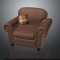 Classic Brown Leather Armchair With Plaid Pillow And Tufted Armrests