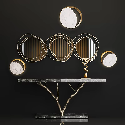 Elegant Modern Console Table With Marble Top And Gold Circular Mirrors Sculpture 3d model