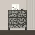Stylish Entryway Console Cabinet with Geometric Pattern Drawers Metal Legs Abstract Art Vertical Striped Wall